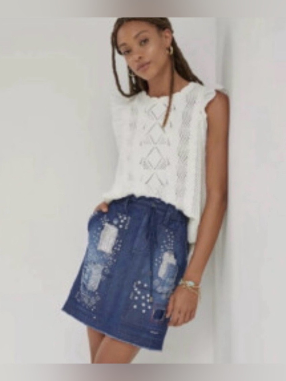 Anthropologie Pilcro Denim Skirt. Size XXL Like New Patchwork Embroidered